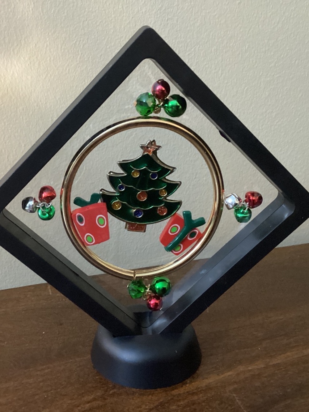 Christmas jewelry art float upcycled vintage jewelry jingle bells Tree present